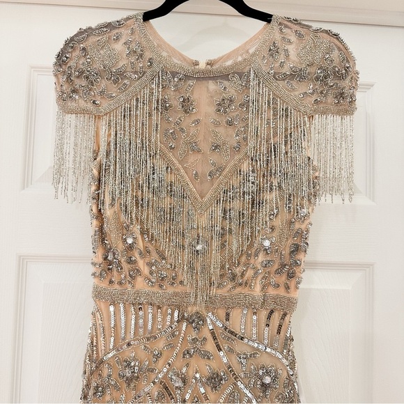 Mac Duggal 4715 Military Style Beaded sequin Fringe Sheath Gown Platinum - Picture 10 of 15